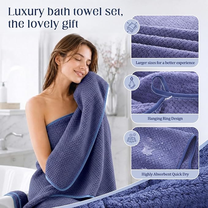 4 Pack Microfiber Bath Towels, 36 X 67 Inches Extra Large Bath Towels, Super Absorbent Soft Fast Drying Oversized Towel for Bathroom Gym Travel Pool Grey and Deep Blue