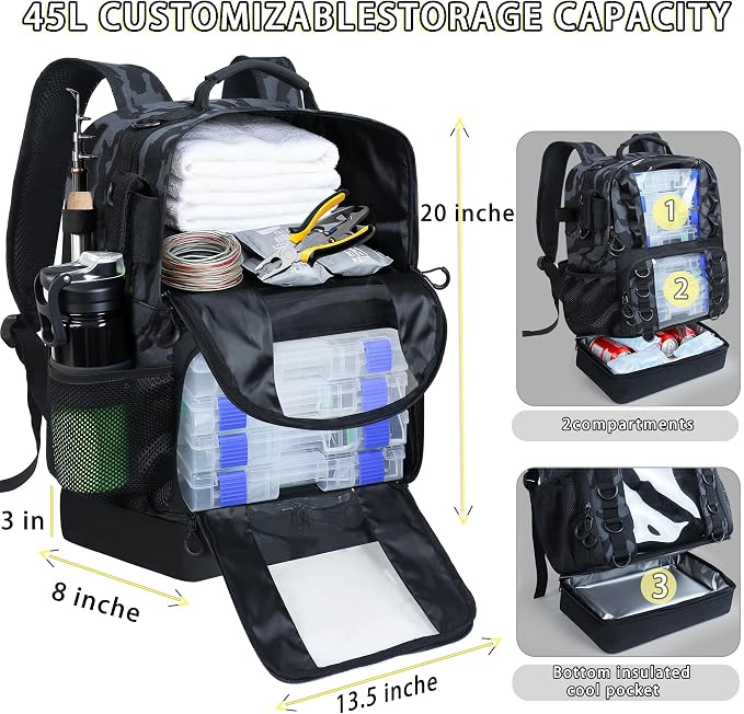 Fishing Backpack with Tackle Boxes,45L Large Tackle Bag with Cooler & Fishing Gear Kit,Waterproof Tackle Backpack for Gift with Fishing Lures, Fishing Pliers,Camouflage
