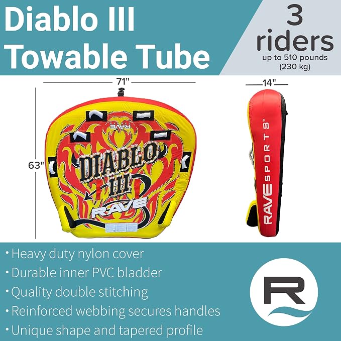 Rave Sports Diablo III Boat Towable Tube - Inflatable Boating Tube for 1-3 Riders - Heavy-Duty Water Tube for Boats to Pull - Water Sports Towable with Quick Connector