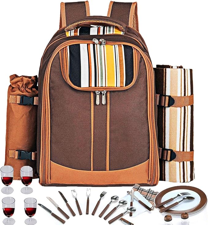 Hap Tim Picnic Backpack Bag for 4 Person with Cooler Compartment, Detachable Bottle/Wine Holder, Fleece Blanket, Plates and Cutlery Set Perfect for Outdoor, Sports, Hiking, Camping, BBQs(Coffee)