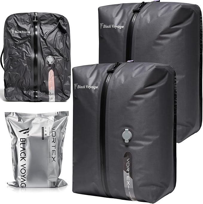 Black Voyage Reusable Vacuum Compression Travel Bag for Carry-On Suitcase and Backpack, Recycled IPX8 Waterproof Space Saver Vacpack (2-Pack, 18L - No Pump)