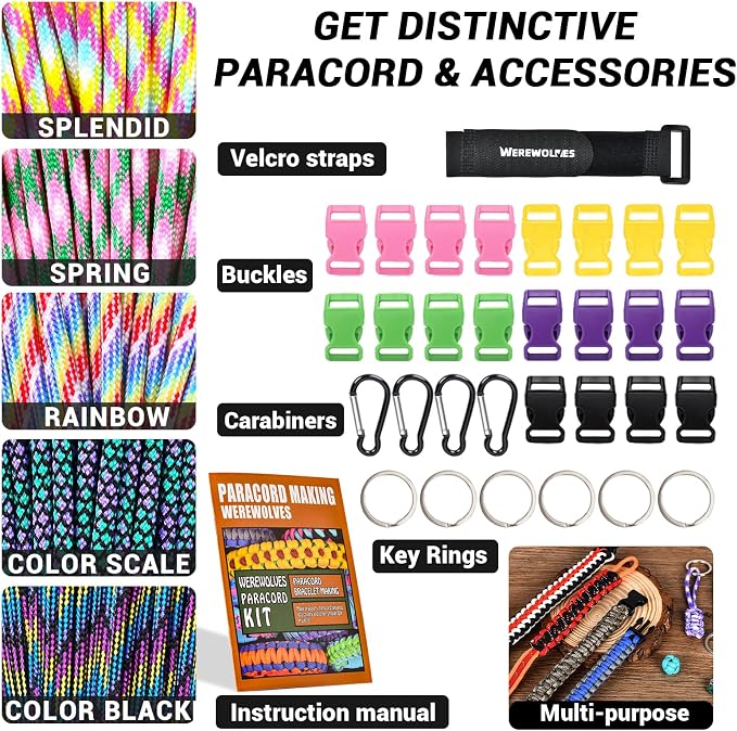 WEREWOLVES 550 Paracord Kits 100ft Each Color - 5 Colors Parachute Cord Combo 7 Strand Type III Parachute Cord 4mm for Crafting, Dog Collar, Survival Bracelets