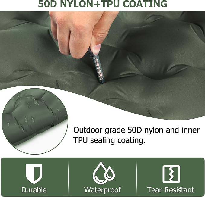 Toncoke 5.1" Thick Double Sleeping Pad with Foot Pump & Pillow, 77.5x53.9 2-Person Air Mattress for Camping, Ultralight & Compact for Backpacking, Hiking, Car Travel，Military Green
