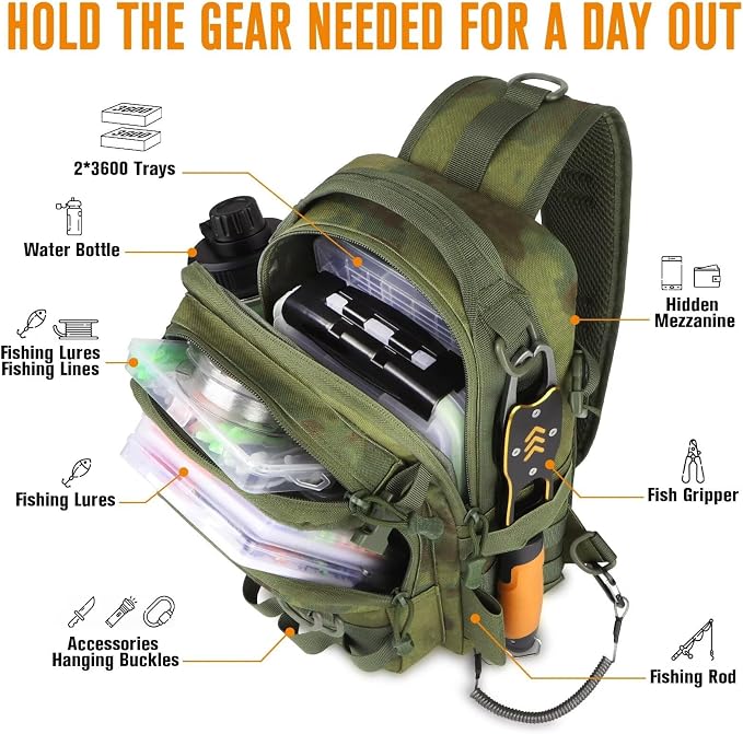 Dovesun Small Fishing Backpack with Tackle Boxes Fishing Sling Bag DIY Embroidery Patches Tackle Bag Gift for Men Green