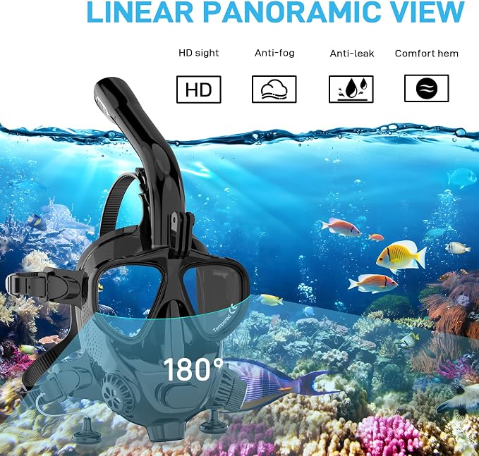 Full Face Dive Mask Support Diving & Snorkeling, Full Face Snorkel Mask Adjustable Scuba Mask with Camera Mount Provide 180° View Panoramic Compatiable with SMACO 1L/1.9L Mini Scuba Tanks