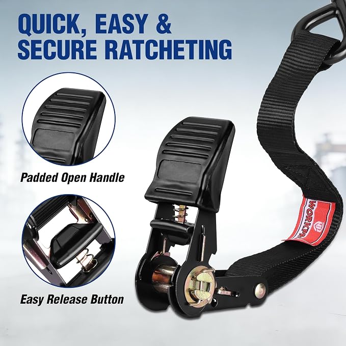 WORKPRO Ratchet Straps, 4-Pack | 1" x 15' | 1650 lbs Break Strength Heavy Duty Ratchet Tie Down Straps with 4PC Soft Loops, Fits for Moving Appliances Motorcycle ATV Truck (Black)
