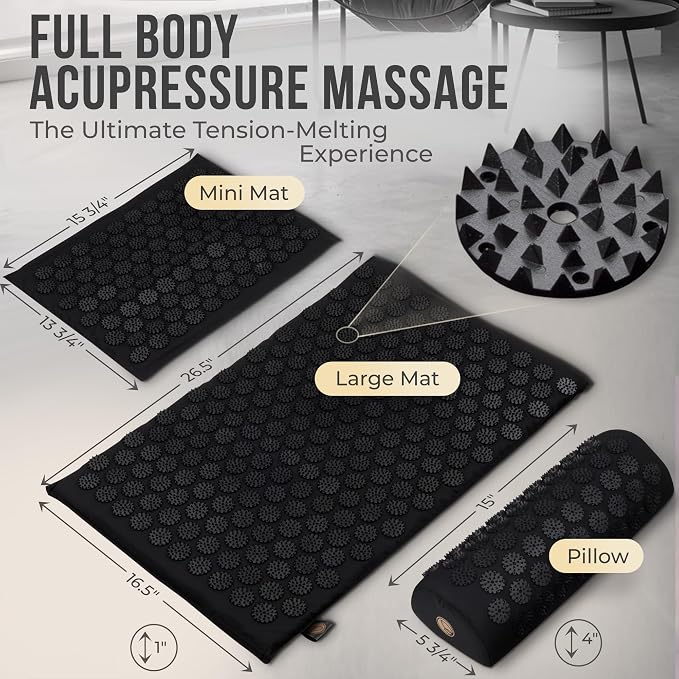 Acupressure Mat & Pillow Set with Mini Pad – Full Body Pain Relief | Mini pad for targeted relief on feet, hands and hard-to-reach areas