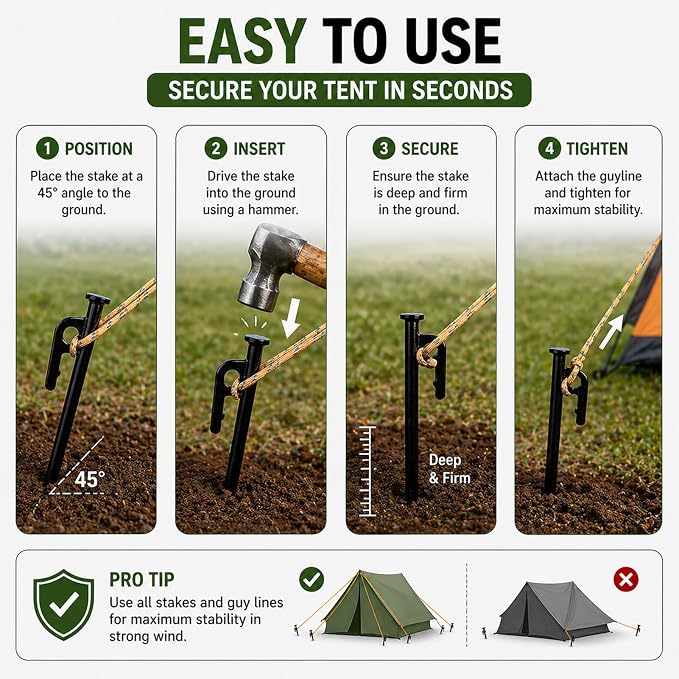 SORIEA 16 Inch Heavy Duty Tent Stakes, 2 Pack Long Steel Ground Anchors for Strong Wind, Camping, Canopy, Tarp, Hard Ground Use