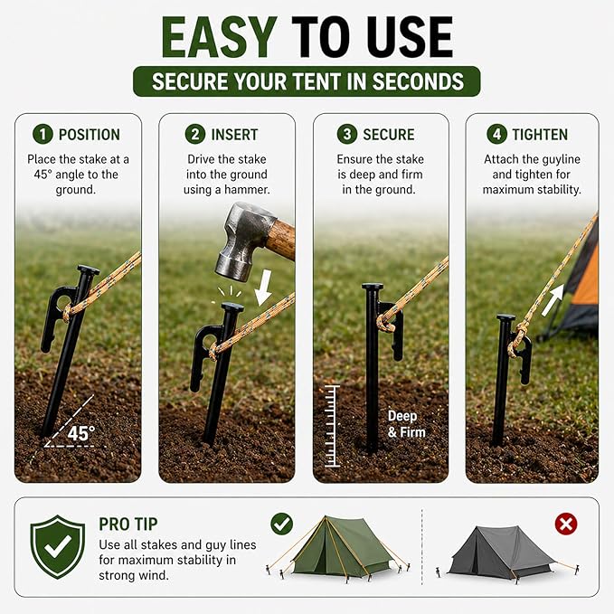 SORIEA 14 Inch Tent Stakes for Hard Ground, Heavy Duty Steel Stakes for Camping, Outdoor Shelter, Durable Ground Anchors 2 Pack Black