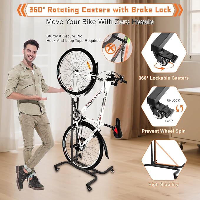 Vertical Bike Parking Stand Adjustable Height for 24"-29" Wheels, Freestanding Bike Rack for MTB and Road Bike, No-Drill Installation Bike Storage for Apartments Garage Indoor Outdoor