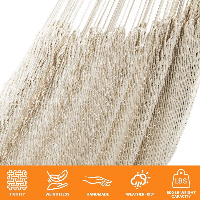 Lazy Daze Hammocks Handwoven XL Mayan Hammock, 10.5 FT Soft Rope Double Hammocks, Portable Outdoor Hammock with Carry Bag, 2 Straps & Carabiners for Patio Outside, 550 lbs Weight Capacity, Natural