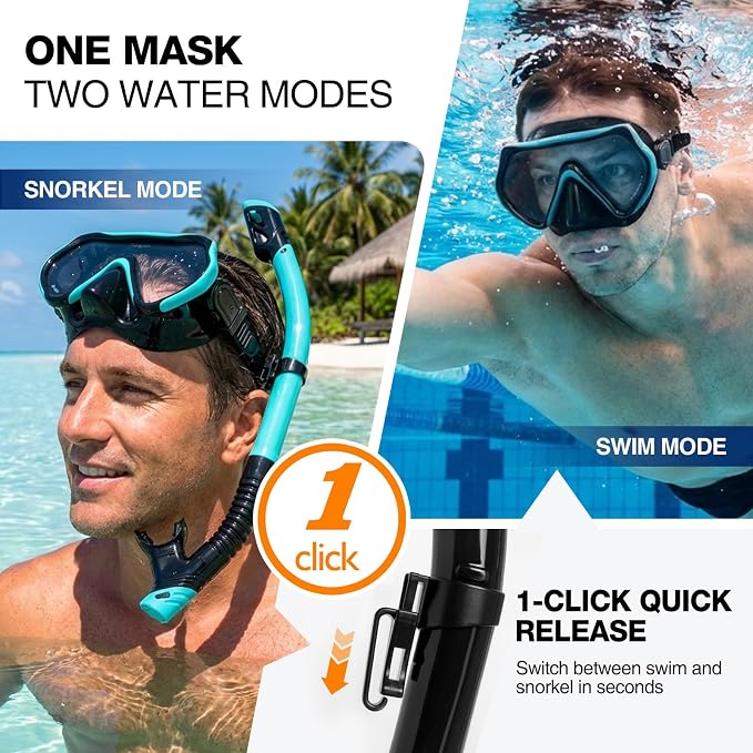 DRMAWIN Snorkeling Gear for Adults & Kids, Dry-Top Snorkel Set with 180° Tempered Glass Mask, Anti-Fog Anti-Leak, Travel Mesh Gear Bag