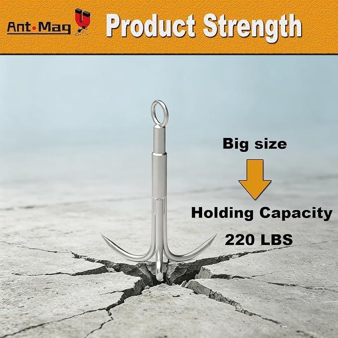 Ant Mag Grappling Hook with Claw Tips - Heavy Duty Stainless Steel Carabiner for Camping, Hiking, Tree Climbing, Water Retrieval & Salvage Operations