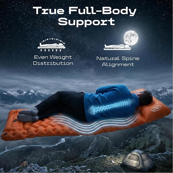 CKG Camping Sleeping Pad with Thermal Barrier, Ultralight Camping Mat 4in Thick with Pillow, Built-in Foot Pump Self Inflating Sleeping Pad for Hiking Tent Road Trip Car Camp Travel Gear, Orange