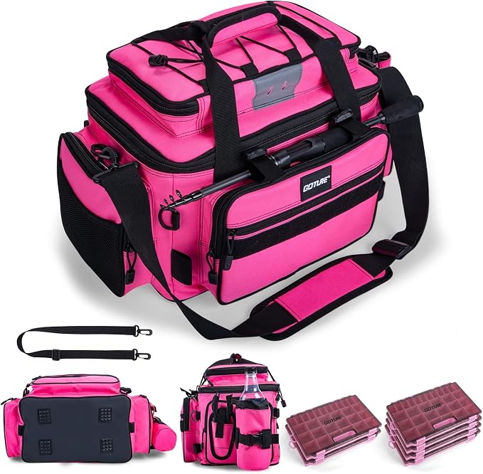 Goture Fishing Tackle Bag with 4PCS 3700 & 2PCS 3600 Tackle Boxes | 600D Water-Resistant, Rod Straps, Detachable Bottle Pouch,Waterproof Bottom, Freshwater & Saltwater Gear Storage Fishing Bag