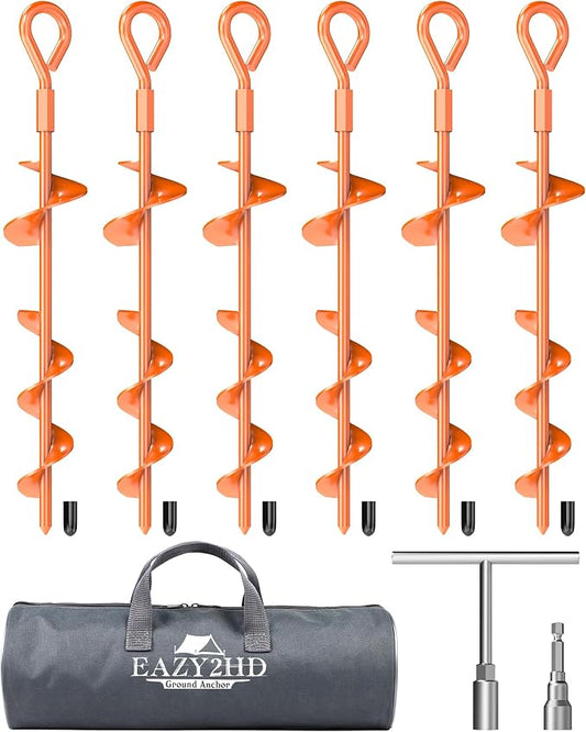 Eazy2hD 6 Pack Tent Stakes Heavy Duty, 15 Inch Ground Anchors Screw in, Metal High Winds Trampoline Stake with Nut and Tool, Spiral Anchor Kit for Camping, Shed, Swing Set, Canopy, Car Ports