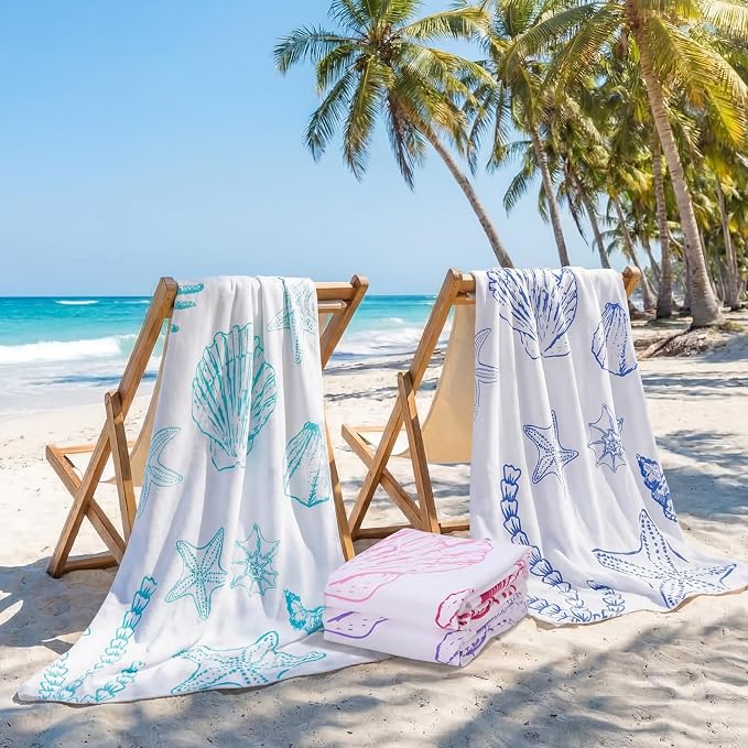 Tegeme 4 Pack Coastal Seashell Microfiber Thin Beach Towel Lightweight 71x36 Oversized Extra Large Sand Free Towels Quick Dry for Travel Pool Yoga Sports Beach Accessories Vacation Essential Gift