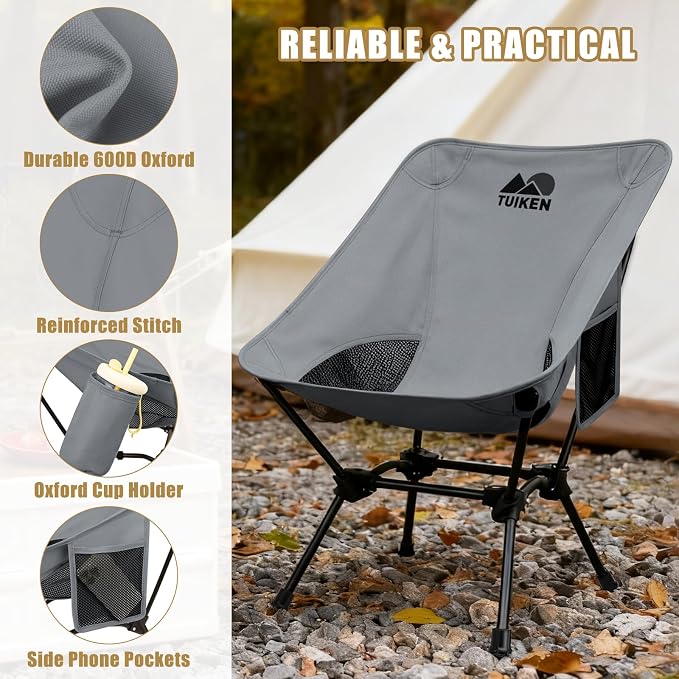 Ultralight Camping Chair Backpacking Chair, Portable Camp Chair with Cup Holder & Storage Bag, Lightweight Compact Folding Chair for Hiking, Travel, Picnic Mountaineering-Grey