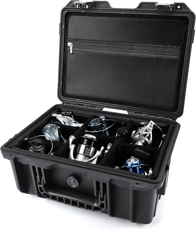 Fishing Reels Storage Case 15 Inches,Heavy Duty Waterproof Fishing Wheel Protective Hard Case, Tackle Collection Holder Box, 9pcs Adjustable Shockproof Dividers (Black with mesh bag)