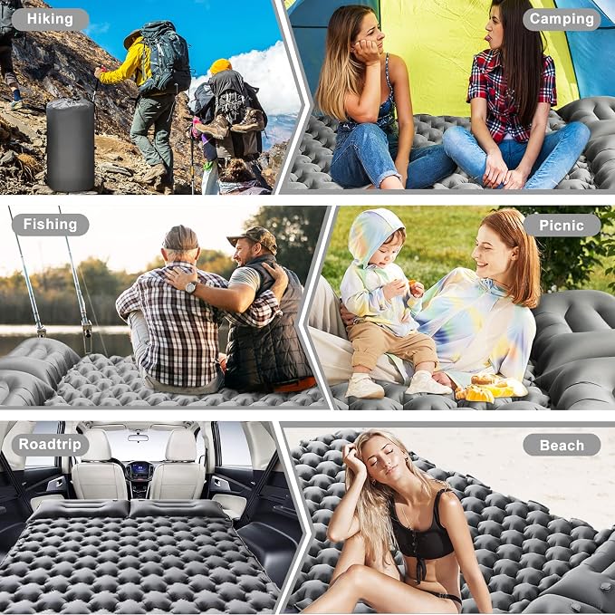 Double Sleeping Pad for Camping - 4" Extra Thick Self Inflating Air Mattress for 2 Person with Built-in Pillow & Foot Pump, Waterproof Inflatable Sleeping Mat for Backpacking Tent Hiking Travel