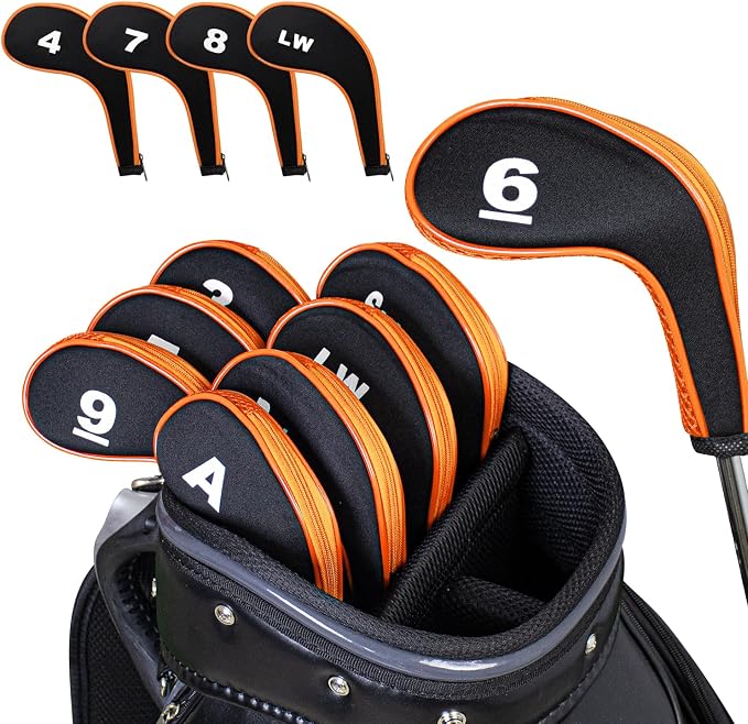 Golf Club 12pcs Thick Synthetic Zipper Long Neck Set Headcover Fit The Most Brands, Side Number Golf Iron Club Head Cover LW SW PW Covers #3,4,5,6,7,8,9