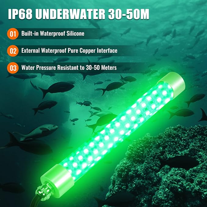HUSUKU FS0-3 Underwater Green LED Fishing Light with Safety Transformer 110V - 100W 10,000LM / 16.4ft Cord Night Fish Finder Attractor, IP68 Submersible Lamp for Snook Crappie Squid Shrimp Fishing