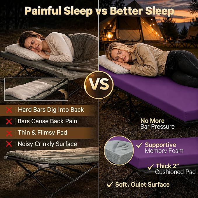 CYMULA Camping Cot Pad 2 Inch Memory Foam, Camping Pad for Folding Cot and Foldable Cot, Portable Roll Up Camp Gear for Car Camping Travel Tent, Non-Slip Waterproof Bottom, Removable Cover, Pad Only