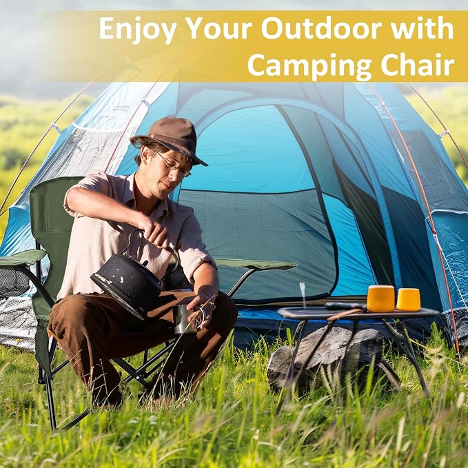 Folding Camping Chair with Cup Holder & Storage Bag, 225lbs Capacity, Large Anti-Sink Feet, Breathable PE Coated Fabric for Outdoor, Hiking, Beach, Fishing, Backpacking, Green