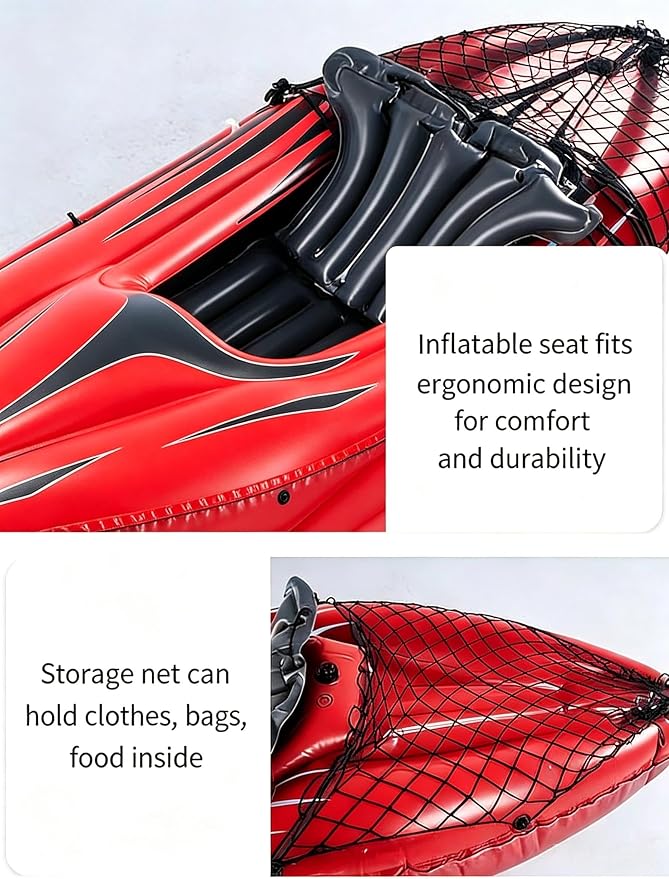 9 ft Inflatable Kayak, 1-Person Foldable Fishing Boat, 220 lb Capacity, Includes Aluminum Oars, High Output Pump, Adjustable Seat, Removable Fin, Cargo Net for Adults, Lakes & Rivers