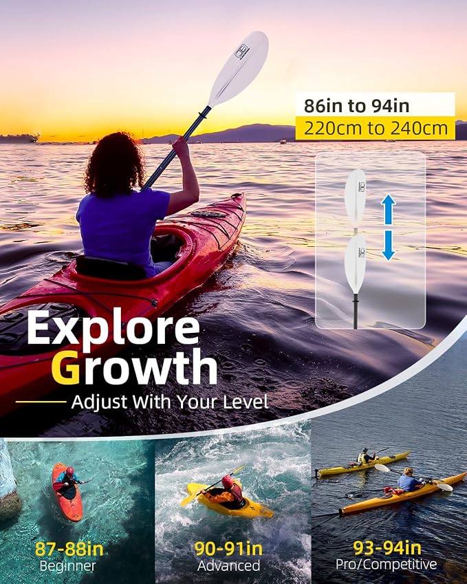 OCEANBROAD Adjustable Carbon Fiber Kayak Paddle 86in/220cm to 94in/240cm Kayaking Oar for Adults with Paddle Leash 1 Paddle