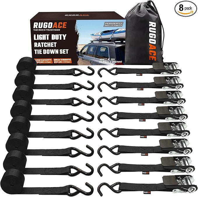 8PK Ratchet Tie Down Straps 1" x 10ft, 300lbs Load Capacity, 900lbs Break Strength, Durable for Moving Appliances, Lawn Equipment, Motorcycles, Cargo Trucks, Trailers & More (Black)