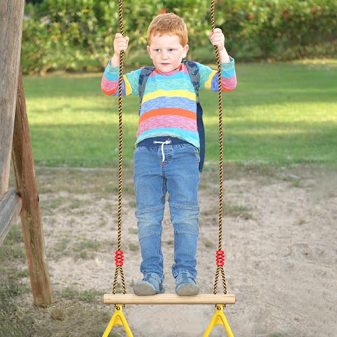 LadyRosian Wooden Trapeze Swing Bar, Adjustable Height Swing Set, Gym Rings, Playground Attachments, 16.5" Monkey Bar for Backyard, Playground, Playroom