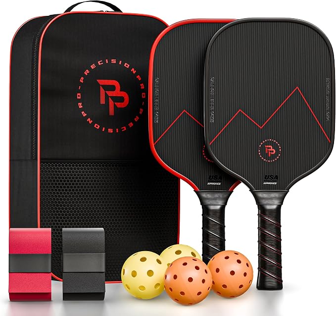 Precision Pro Carbon Fiber Pickleball Paddles Set of 2 — USAPA Approved, T700 Carbon, 14mm Honeycomb Core, 4 Indoor Outdoor Balls, Carry Bag, Pickleball Set for Beginners and Intermediate Players
