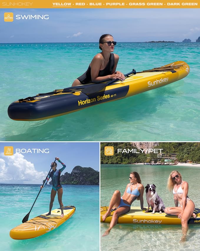 11'×34'' Extra Wide Inflatable Paddle Board with Seam Welded Technology, Stand Up Paddle Board, 420lb Capacity for Adults, Sup Board for All-Level with 2-Blade Paddle/Dual-Action Pump/Leash