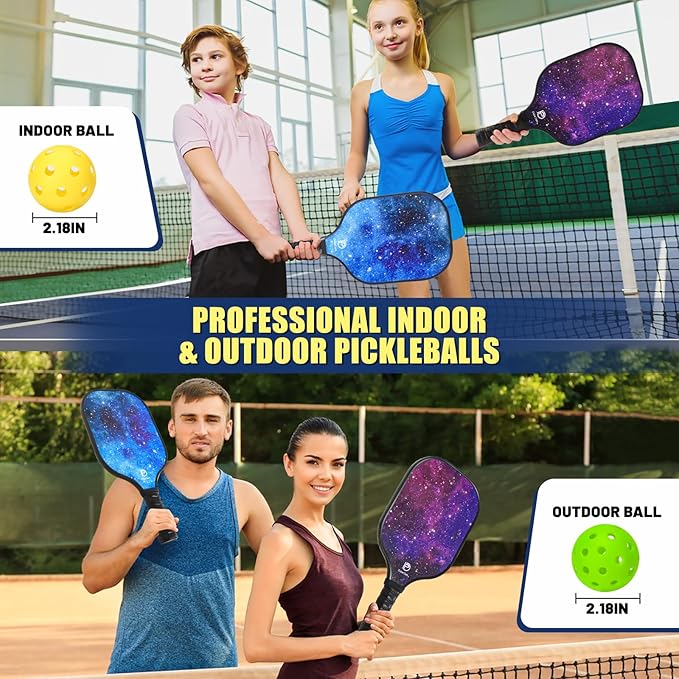 Dulce DOM Pickleball Paddles Set of 2/4 - USAPA Approved, 4 Indoor Outdoor Pickleball Balls, Fiberglass Surface Paddle Racket with Cover Bag, Ideal Training Equipment Gift for Men & Women