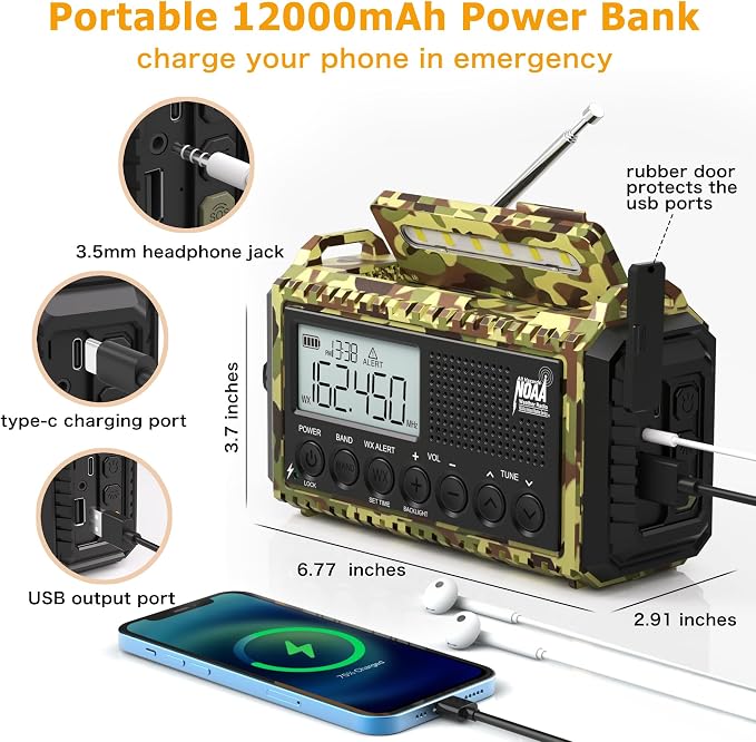 12000mAh/44400mWh Weather Radio, Hand Crank Emergency Radio Portable AM FM Shortwave, Solar Rechargeable Battery Powered Radio with NOAA Alert, USB-C Charger & Adapter, SOS Flashlight for Emergency