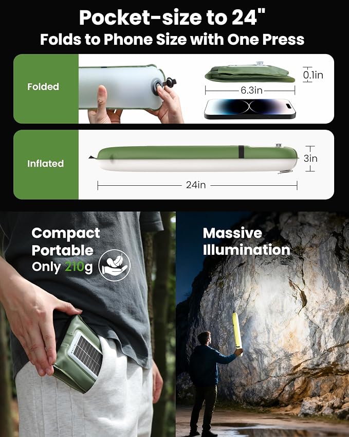 2 Pack 24" Inflatable Solar Camping Lantern, Magnetic LED Tube Light with USB-C 4000mAh Phone Charger,IP66 Waterproof TPU Tent Light for Hurricane Emergency, Backpacking & Off-Grid Survival