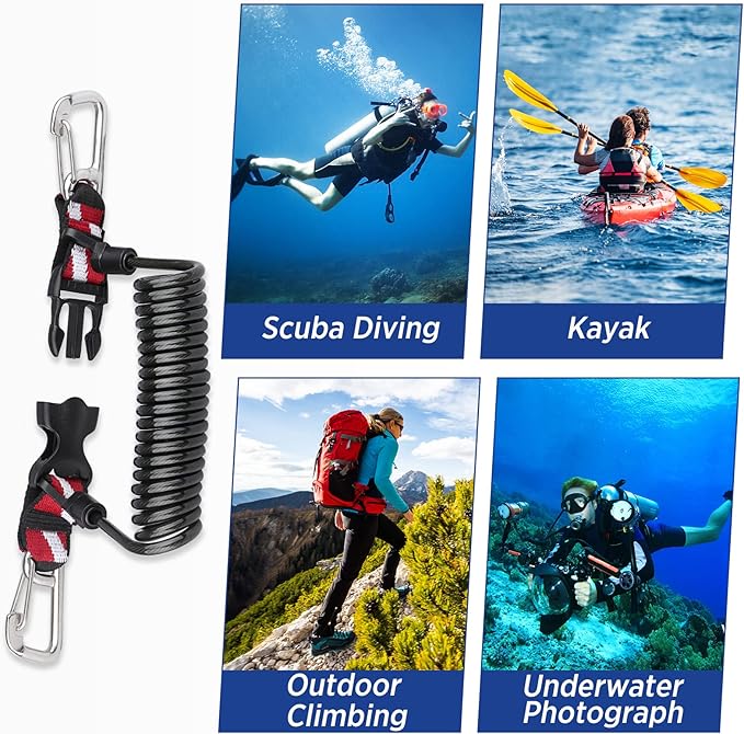 Scuba Retractable Lanyard, Stainless Steel Double-Clips and Spiral Core Anti-Lost Lanyard with Quick-Release Buckle