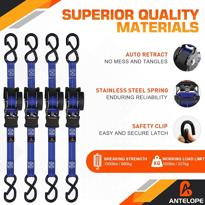 Retractable Ratchet Straps(4 PK), 1" x 12 ft Auto Retract Tie Downs, Automaitc Ratchet Straps,1500lb Break Strength AutoRetract Self Retracting for Motorcycle, Truck, Cargo, Trailer, ATV, UTV -Blue