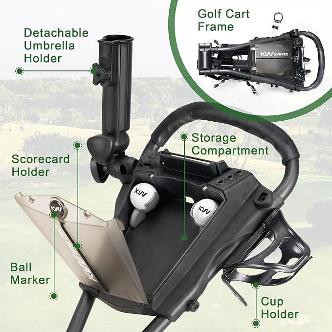 KVV Mini-Pro Deluxe Golf Cart for All Age Groups,Golf Push Cart with Adjustable Upper Bracket, 360 Swivel Front Wheel, Ultra-Compact Size（Charcoal）