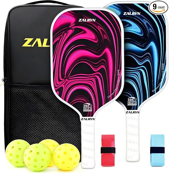 Pickleball Paddles Set of 2, USAPA Approved, Carbon Fiber Surface, Polymer Honeycomb Core, 16mm Lightweight Rackets with 4 Pickleballs, 2 Grip Tapes & Carry Bag for Beginners
