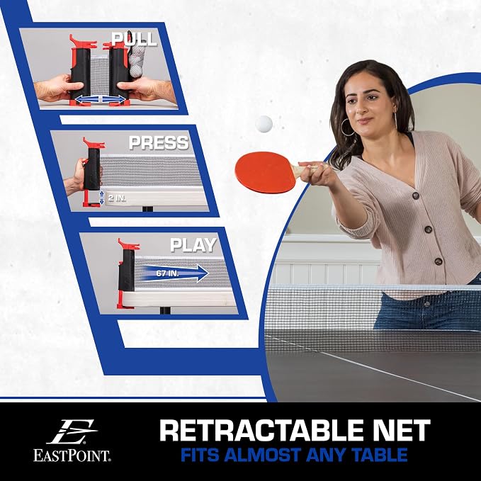 EastPoint Sports Everywhere Table Tennis Net & Paddle Set - Play Ping Pong Anywhere! Retractable Net Fits Most Tables Up to 60" Wide - 2 Table Tennis Paddles and 3 Ping Pong Balls, Red/Black
