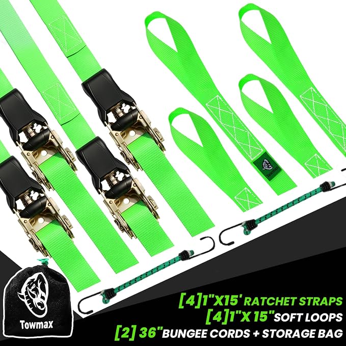 Ratchet Straps Medium Duty 4 Pack -1 Inch x 15 Feet (1,823LB Break Strength)- Motorcycle Tie Down Straps -Soft Loops with Bungee Cords- Ratchet Tie Down Set for Powersports, Motorcycle or Moving Cargo