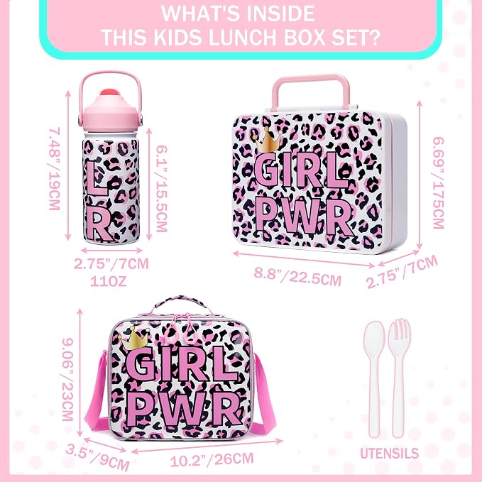 Kids Bento Lunch Box with 6 Compartments Girls Lunch Box with Lunch Bag,Leopard Print Stainless Steel Water Bottle,Ice Pack & Utensils Set,Birthday Gifts for Ages 3-12 Back to School Toddler Girls