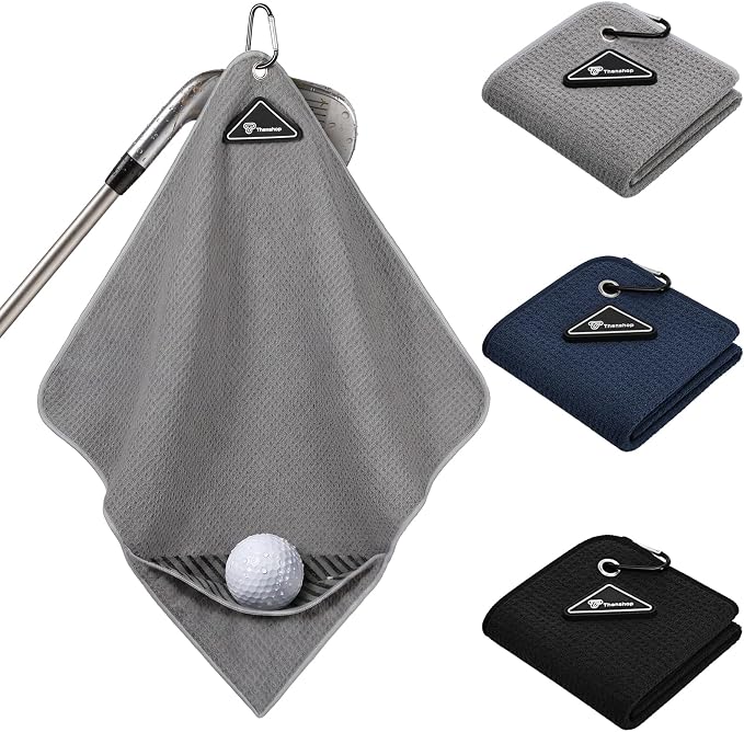 Thenshop 3 Pack Magnetic Golf Towels with Clips 16 x 16 Waffle Microfiber Cleaning Cloth with Internal Scrubbing Pocket and Carabiner Golf Accessories for Bags Carts Clubs Men Women