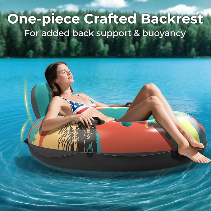 53" Heavy Duty River Tube Float for Adults,Inflatable River Raft Float for Pool Lake Beach with Built-in Cup Holders, Ergonomic Backrest,Durable Grip Handles & Grab Rope, 360Lb Weight Capacity