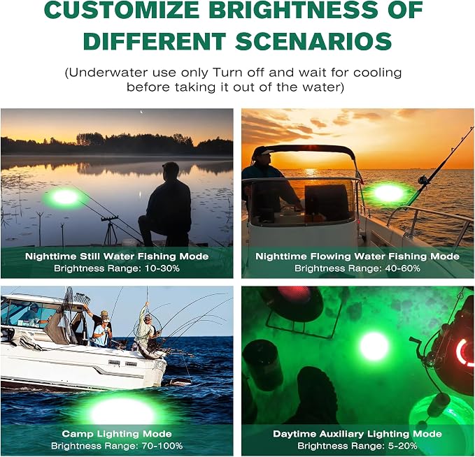 F3 Dimmable Green Underwater Fishing Light 110V&12V / 200W 20000LM Fish Light Attractants for Crappie Squid Shrimp Snook Bass at Night, with 5%~100% Brightness Dimmer(33FT Cable)