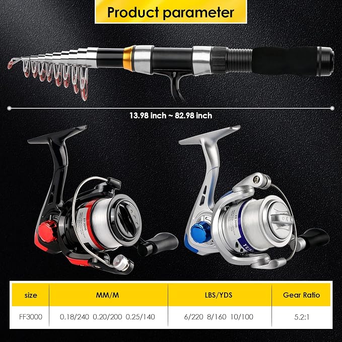 2-Pack 6.89FT Telescopic Fishing Rod Reel Combo Tackle Box Travel Carry Bag | Collapsible Pole Spinning Reel Lure Accessory Storage Bag Portable Fishing Gear Kit for Saltwater Freshwater Fishermen Gift