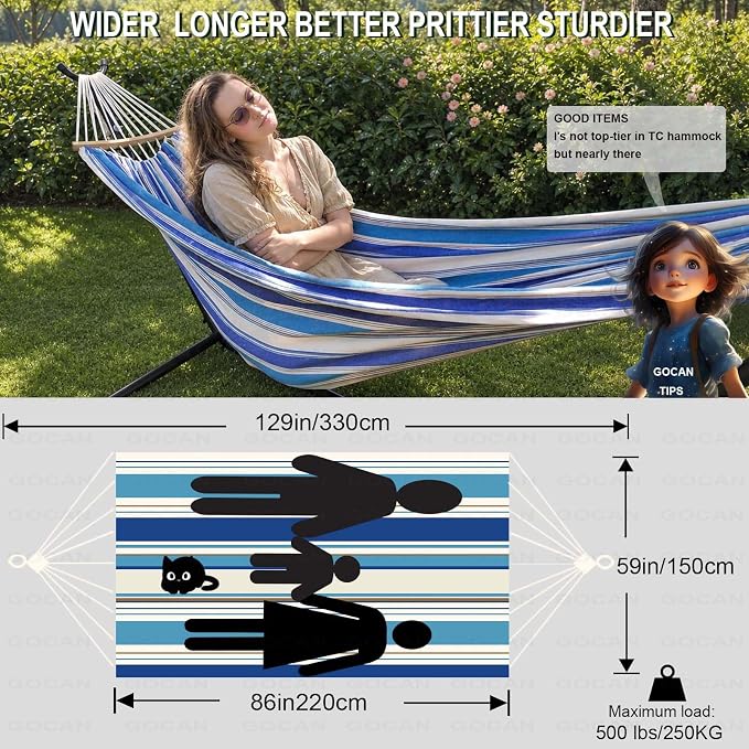 Double Hammock 2 Person Extra Large 220x150cm Total Length 330cm Load 500lb Canvas Cotton Hammock for Patio Porch Garden Backyard Lounging Outdoor and Indoor with Removable Spreader bar