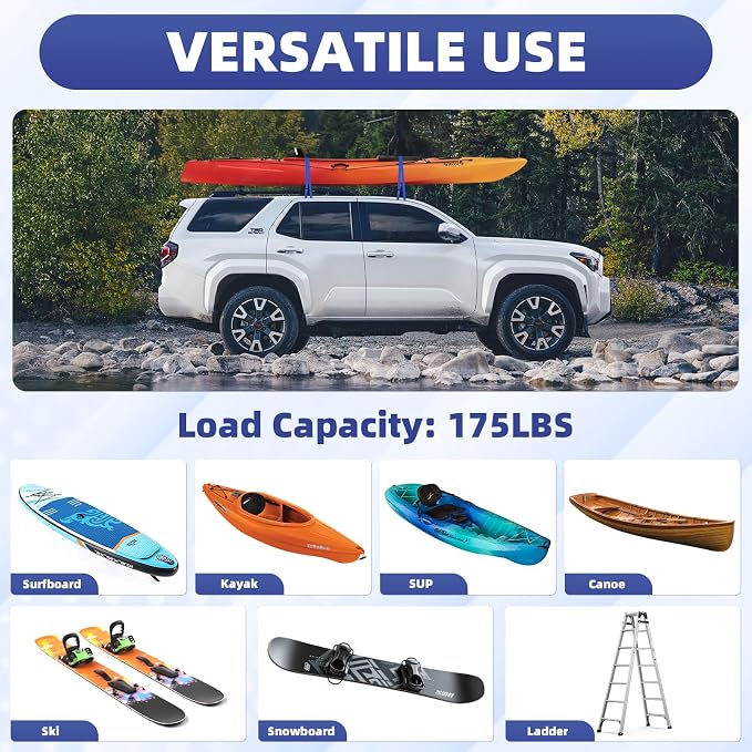 Universal Soft Roof Racks for Kayak, Car Roof Racks System for Surfboard Paddle Board, Heavy-Duty Surf Car Rack with 8 Tie-Down Straps 15FT, 2 Tie-Down Ropes, 2 Quick Loop Straps, Widely Compatible